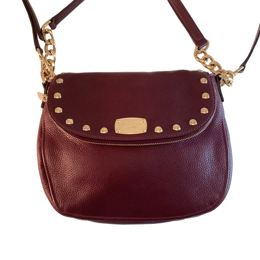 Michael Kors Bedford Leather Stud Convertible Shoulder Bag Merlot Burgundy Purse